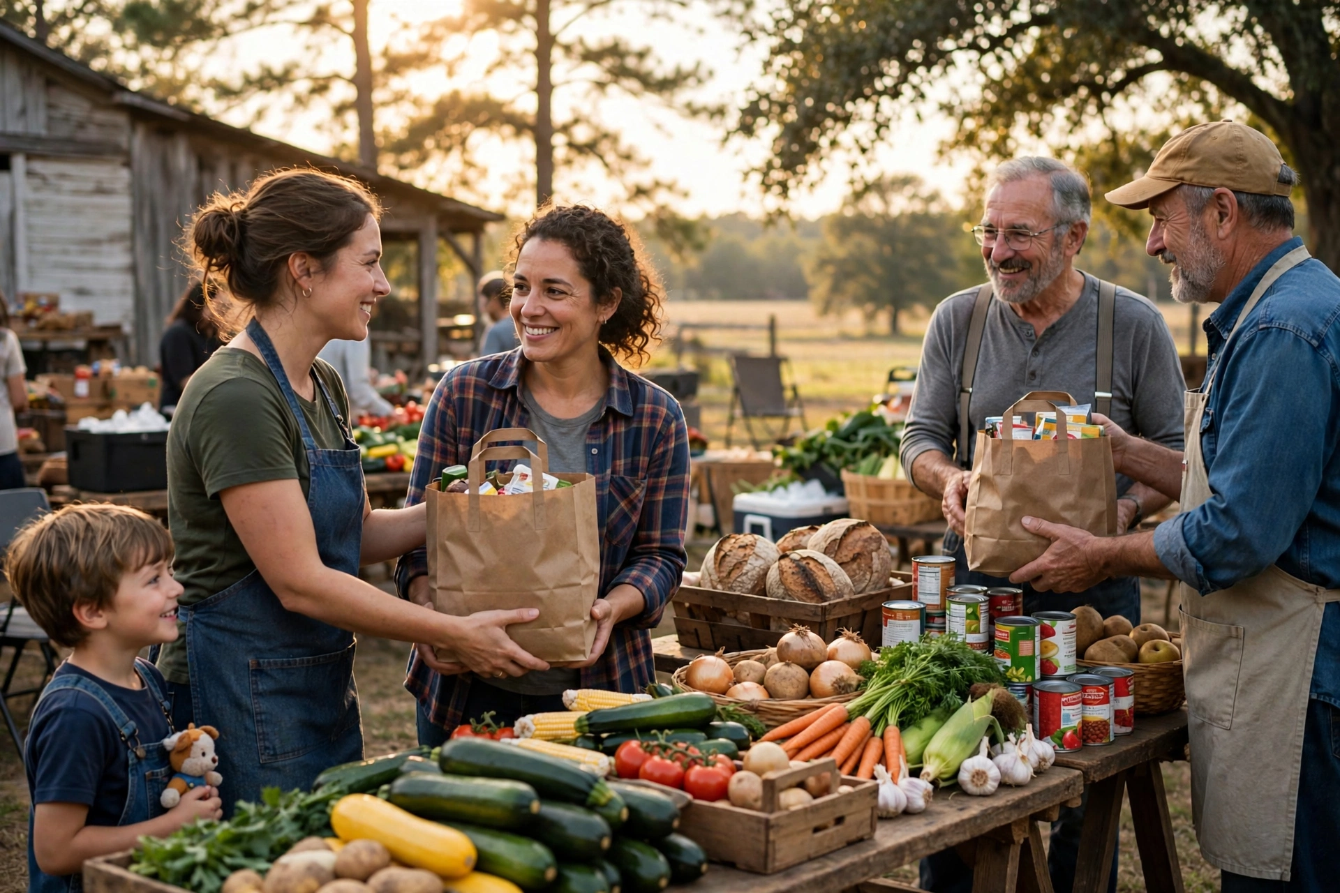 Volunteers handing grocery bags to families at an outdoor food distribution with fresh produce on tables